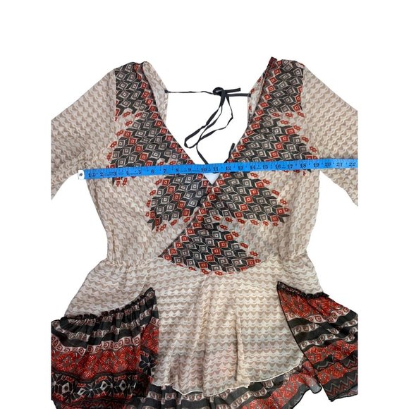 Free People Boho Geometric Chiffon Tunic Blouse Deep V-Neck SZ S Balloon Sleeves - Picture 5 of 8